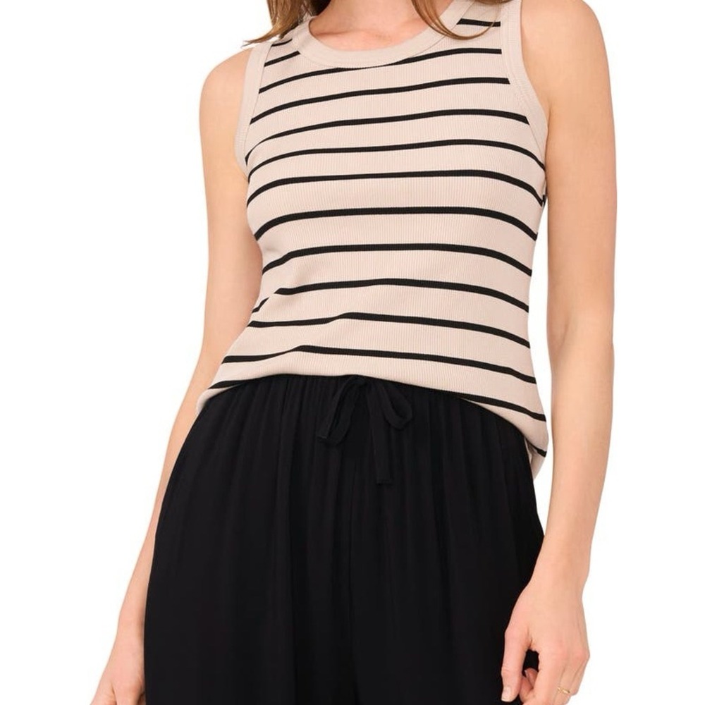 Halogen Fitted Ribbed‎ Sleeveless Knit Tank Top - Beige and Black Striped MD